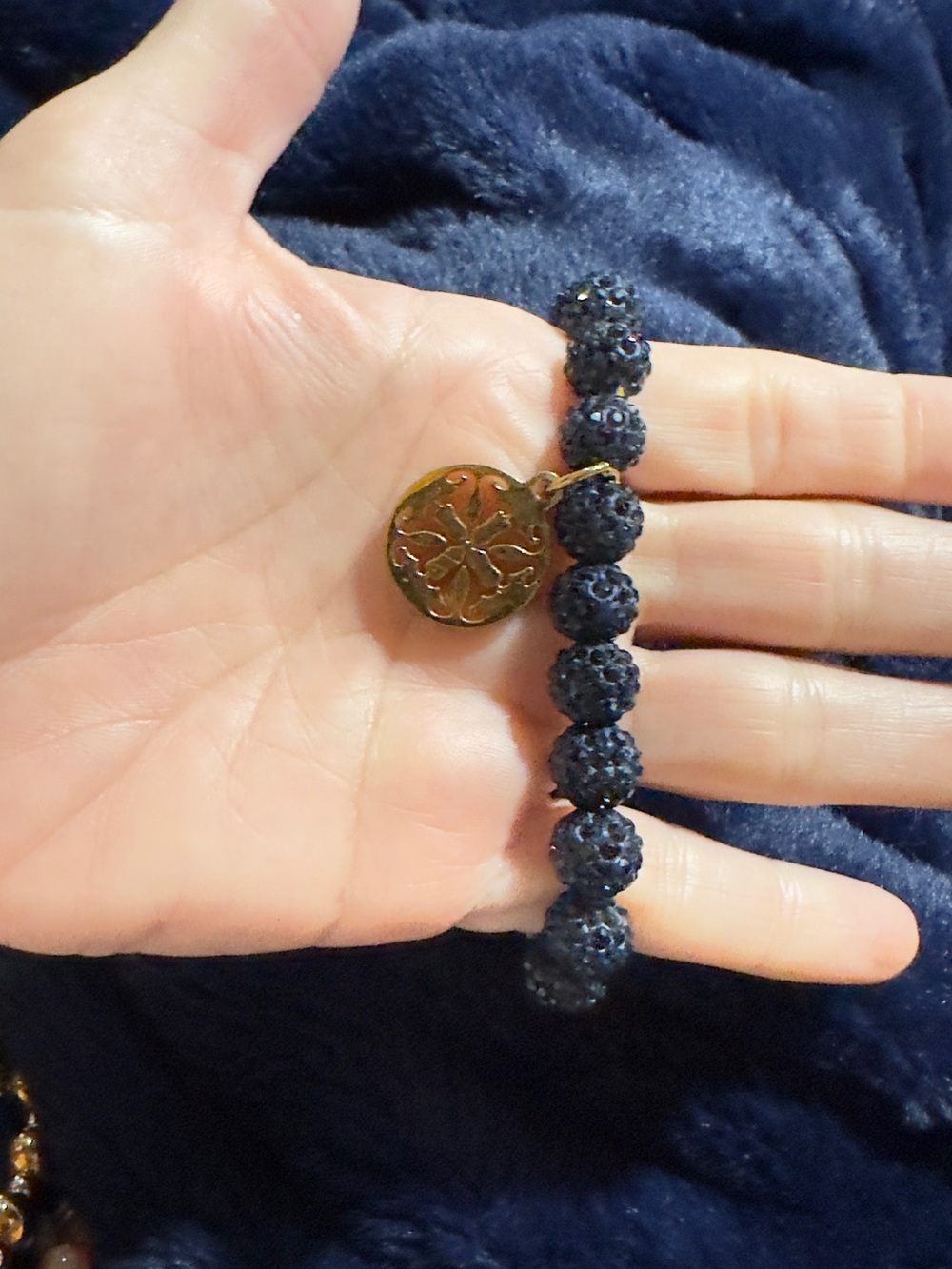Rustic Cuff Gold Charm Navy Beaded Stretch Bracelet
